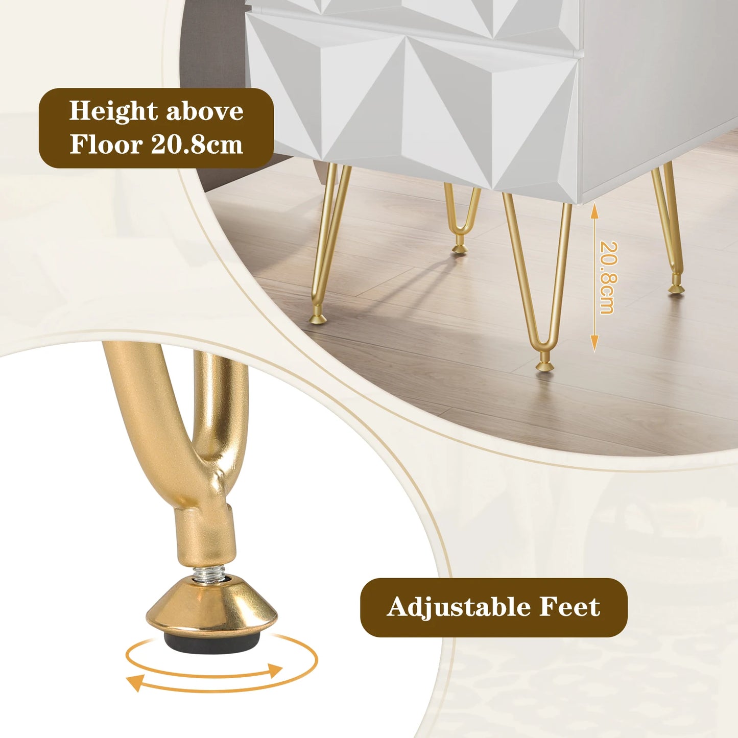 Bedside Table 40x53x40cm Decorative Adult Nightstand Modern Storage Unit with 2 Drawers 3D Effect for Bed Bedroom Living Room