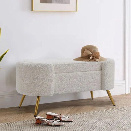 White Luxurious Comfortable Multifunctional Household Sherpa Upholstered Oval Bench