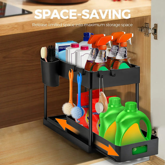 Organisation and storage under the sewer, kitchen finishing rack with double sliding drawers, multifunctional storage rack shelf