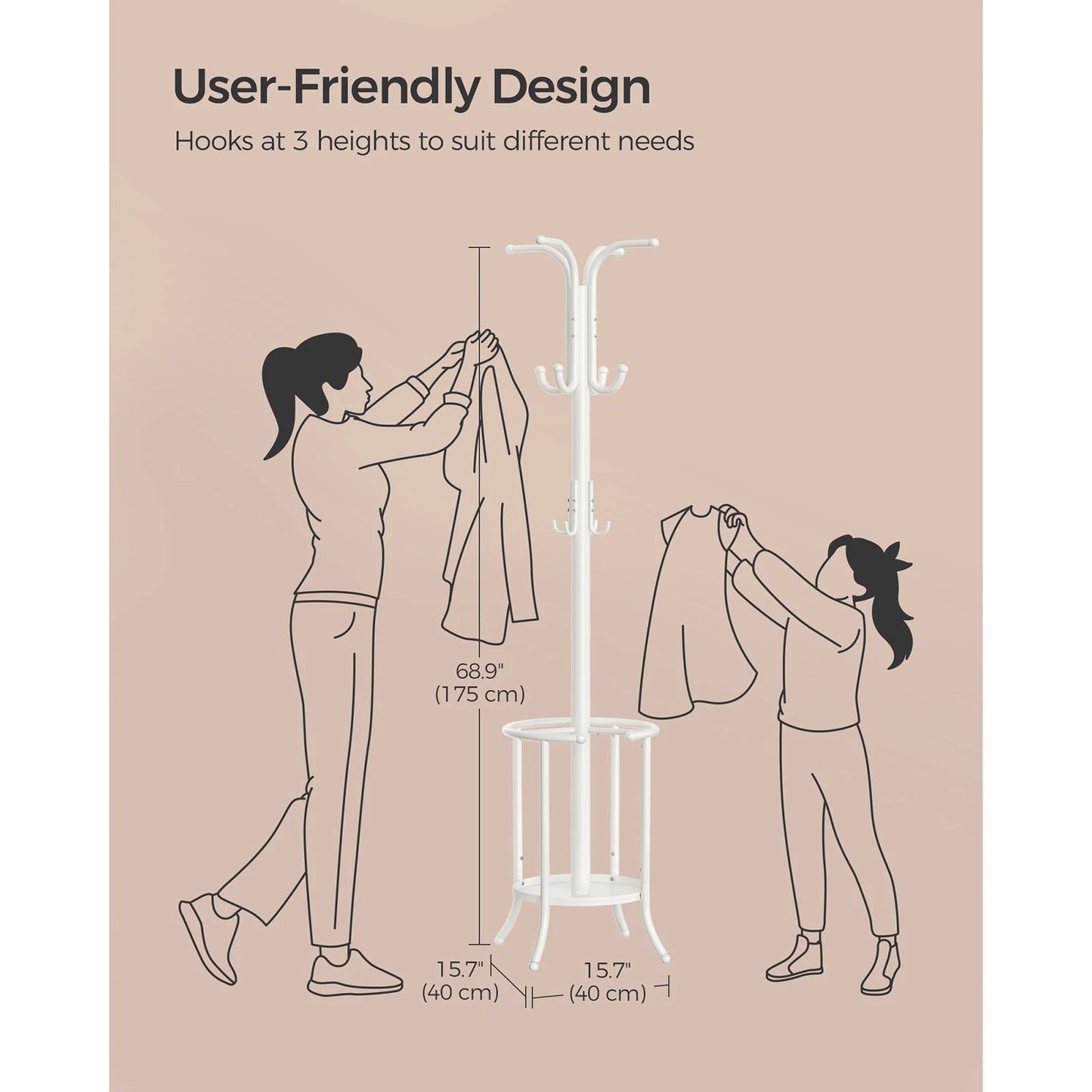 SONGMICS Coat Rack Freestanding, Coat Stand with Umbrella Holder, 12 Hooks, Metal, 175 cm Tall