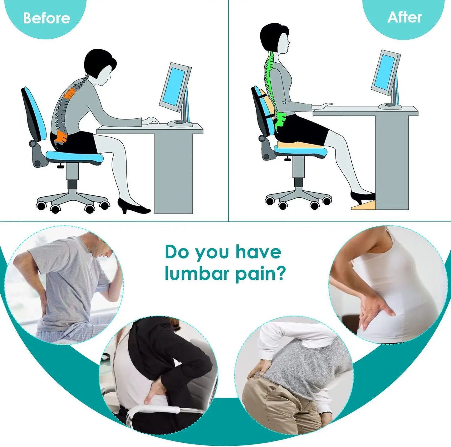 Lumbar Support Pillow, Memory Foam Back Support Cushion Lumbar Support for Office Chair, Car Seat, Recliner