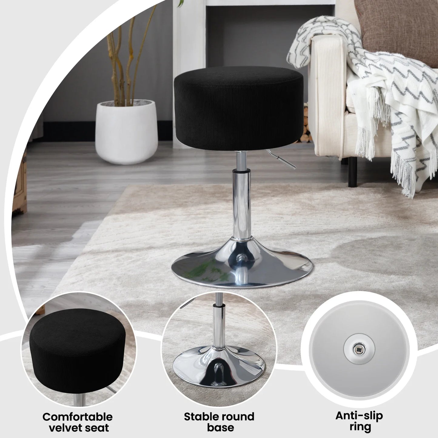 1PC White Round Swivel Bar Stools Height-Adjustable Makeup Stools Corduroy Padded Stools for Office Kitchen Home