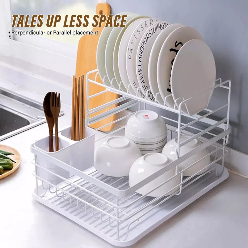 2 Tier Dish Drying Rack Kitchen Adjustable Stainless with Drain Basket Countertop Dinnerware Organizer Drainboard Storage Holde