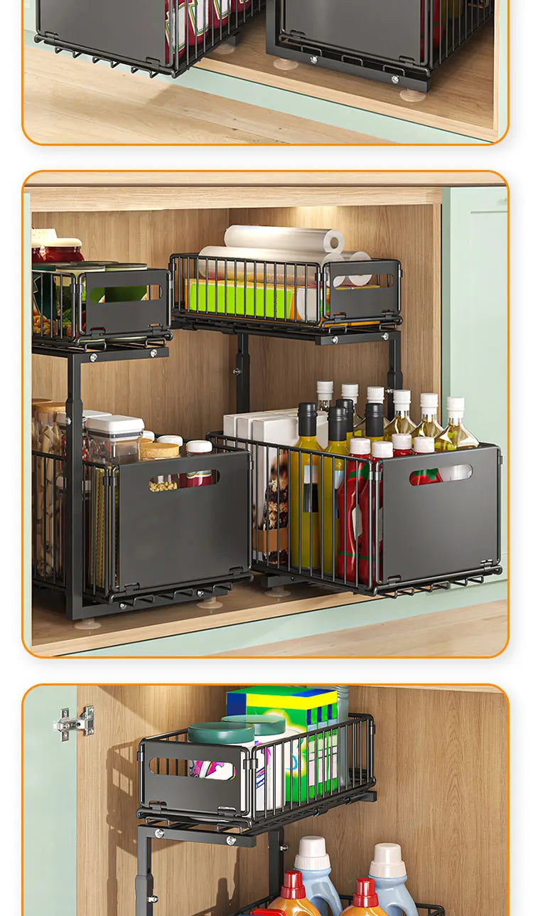 2-tier Under Sink Storage Organizer,Ajustable Sliding Cabinet Storage Basket,Kitchen Storage Rack with suction cups,Pull out Cab