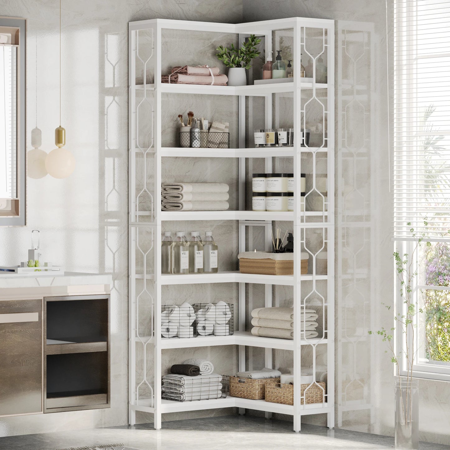 Tribesigns 7-Shelf Corner Bookshelf,Large Modern Corner Bookcase, 7-Tier Tall Corner Shelf Storage Display Rack with Metal Frame
