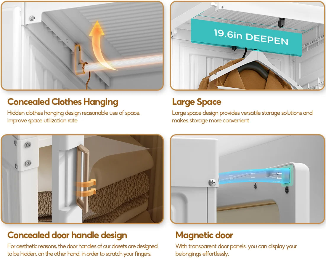 B Portable Wardrobe Closet Storage Organizer Transparent Door Panels, Plastic Wardrobe with Magnetic Door and Easy Assembly