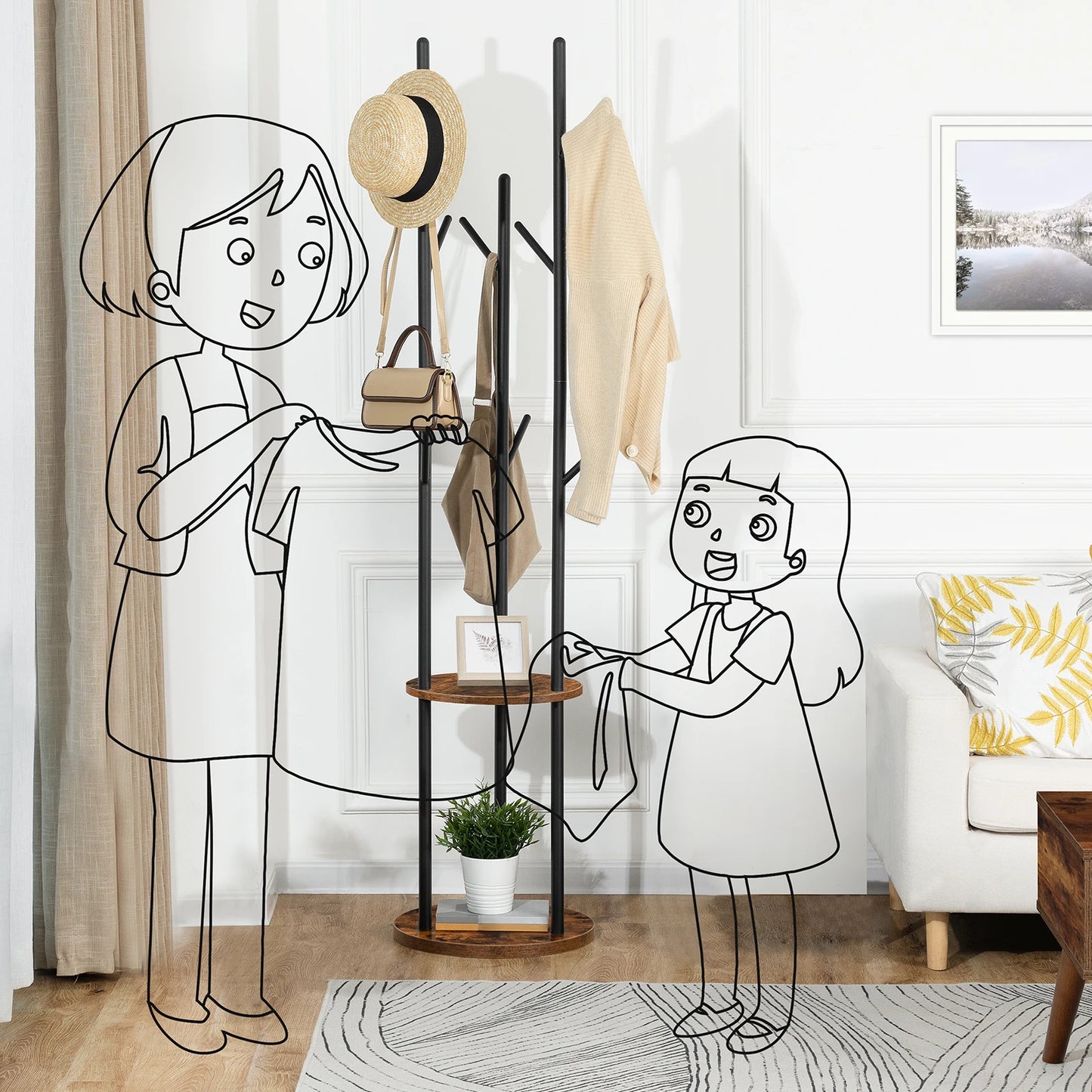 Coat Stand Coat Rack for Hallway Freestanding Coat Rack Stand with 8 Hooks Storage ShelvesHall Trees for Clothes Rustic Brown