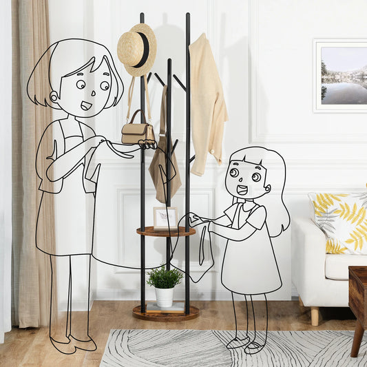 Coat Stand Coat Rack for Hallway Freestanding Coat Rack Stand with 8 Hooks Storage ShelvesHall Trees for Clothes Rustic Brown