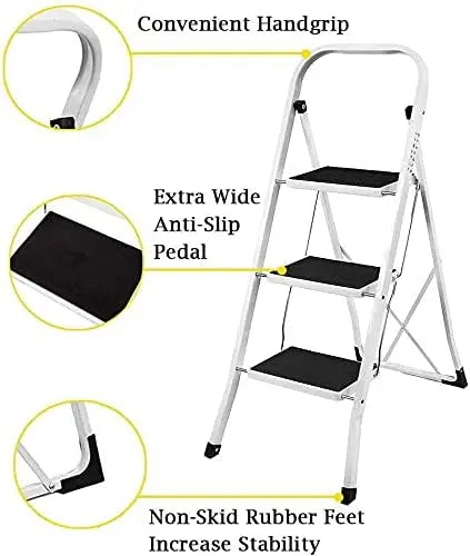 Portable Foldable 3 Step Steel Ladder,Non Slip Tread Stepladder Safety Folding Heavy Duty Step Stool for Home/Kitchen/Garage