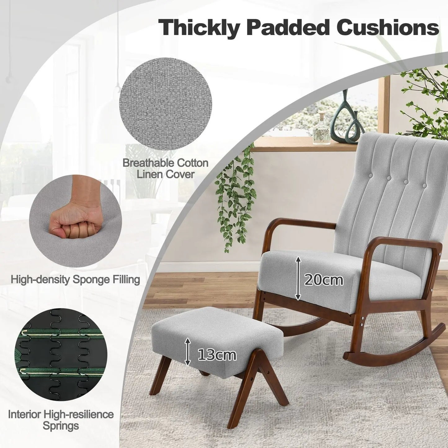 GOFLAME Rocking Chair with Ottoman Upholstered Fabric Tufted Glider Chair & Footrest Set