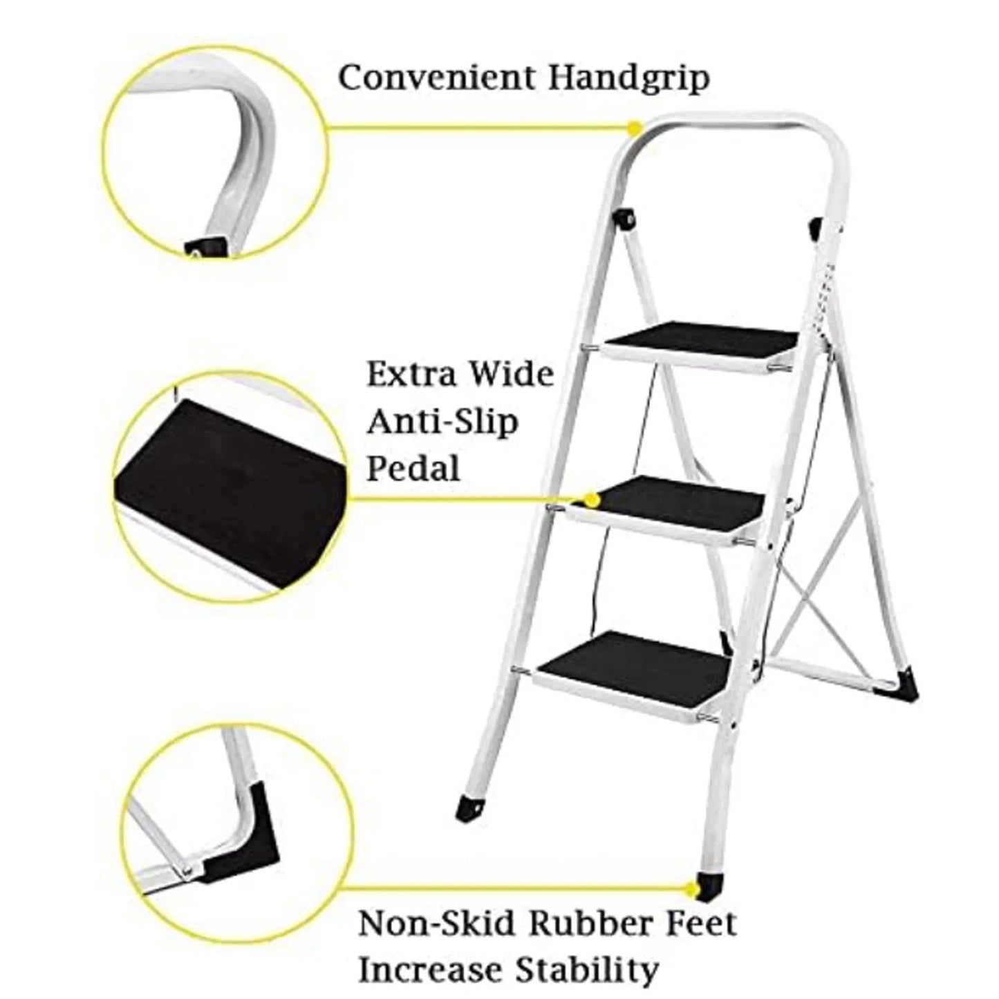 Portable Foldable 3 Step Steel Ladder,Non Slip Tread Stepladder Safety Folding Heavy Duty Step Stool for Home/Kitchen/Garage