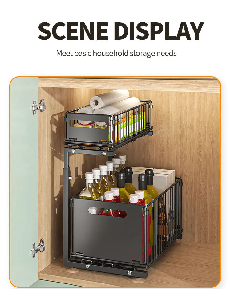2-tier Under Sink Storage Organizer,Ajustable Sliding Cabinet Storage Basket,Kitchen Storage Rack with suction cups,Pull out Cab