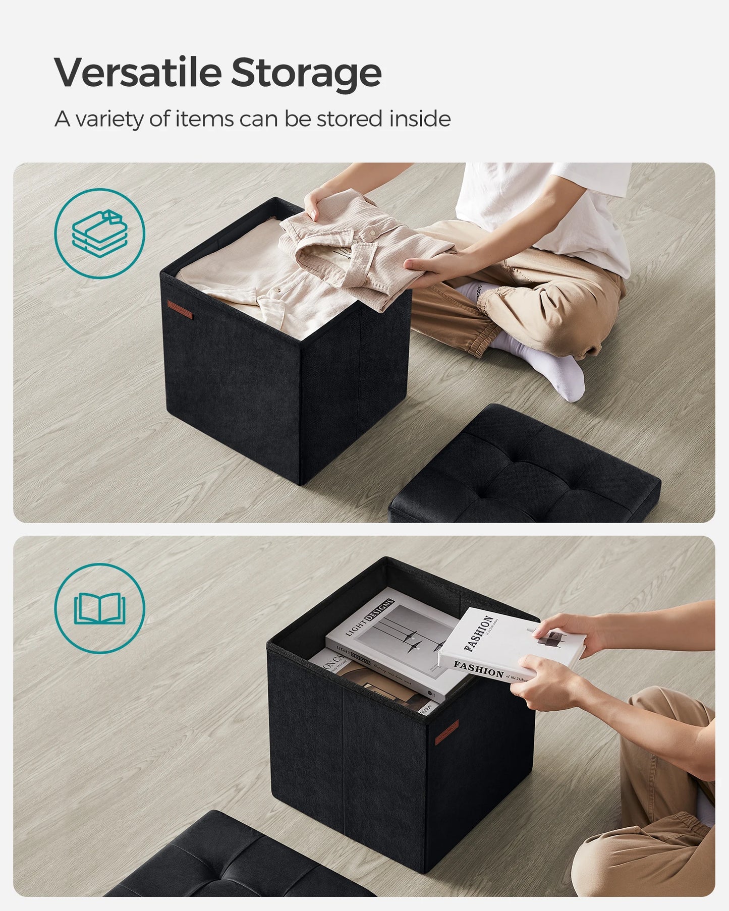 SONGMICS Storage Ottoman, Foldable Small Ottoman Foot Rest, Ottoman with Storage, Load up to 300 kg, for Living Room, Bedroom