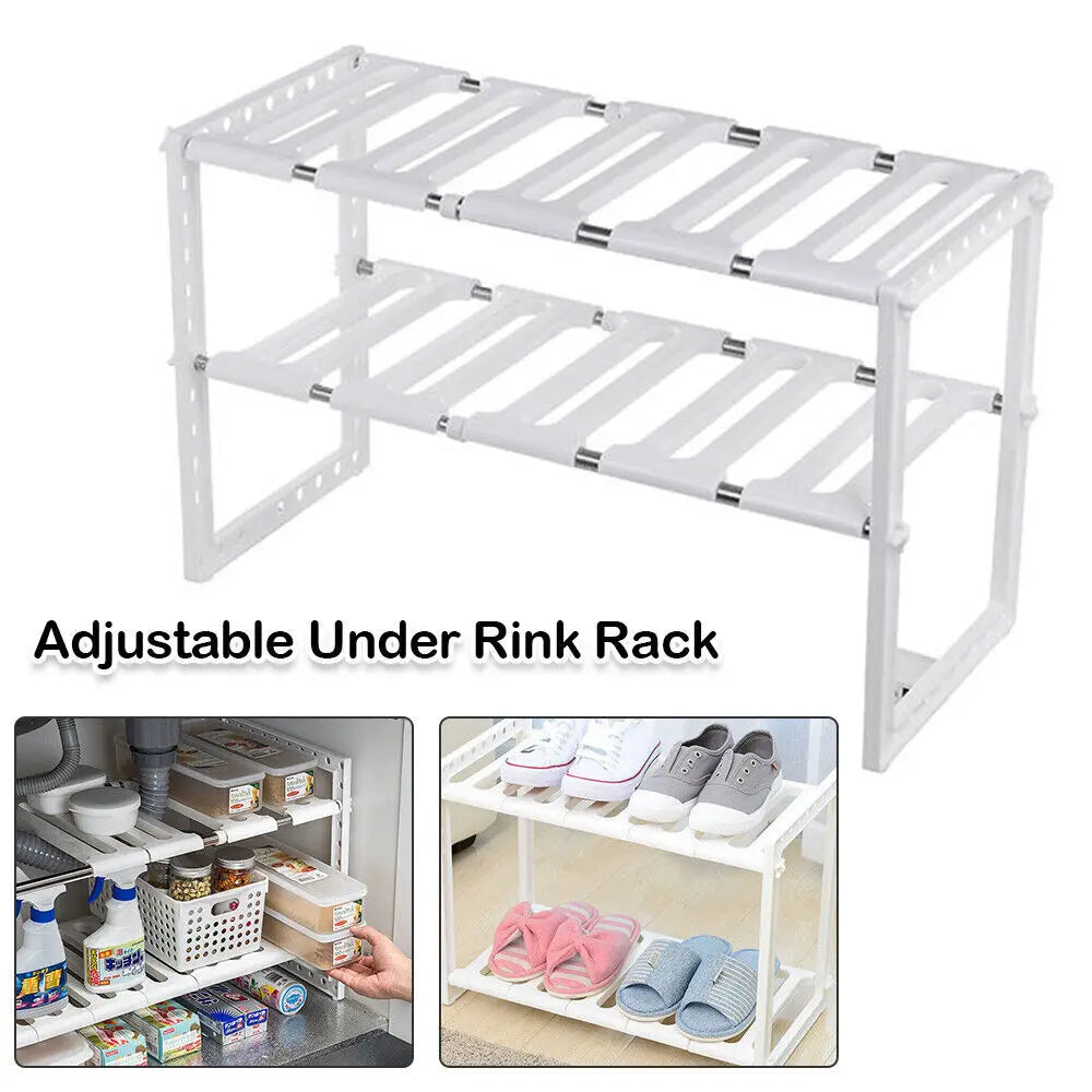 Under Sink Storage Caddy Multi Purpose Rack Adjustable Tidy 2 Tier Shelf Kitchen