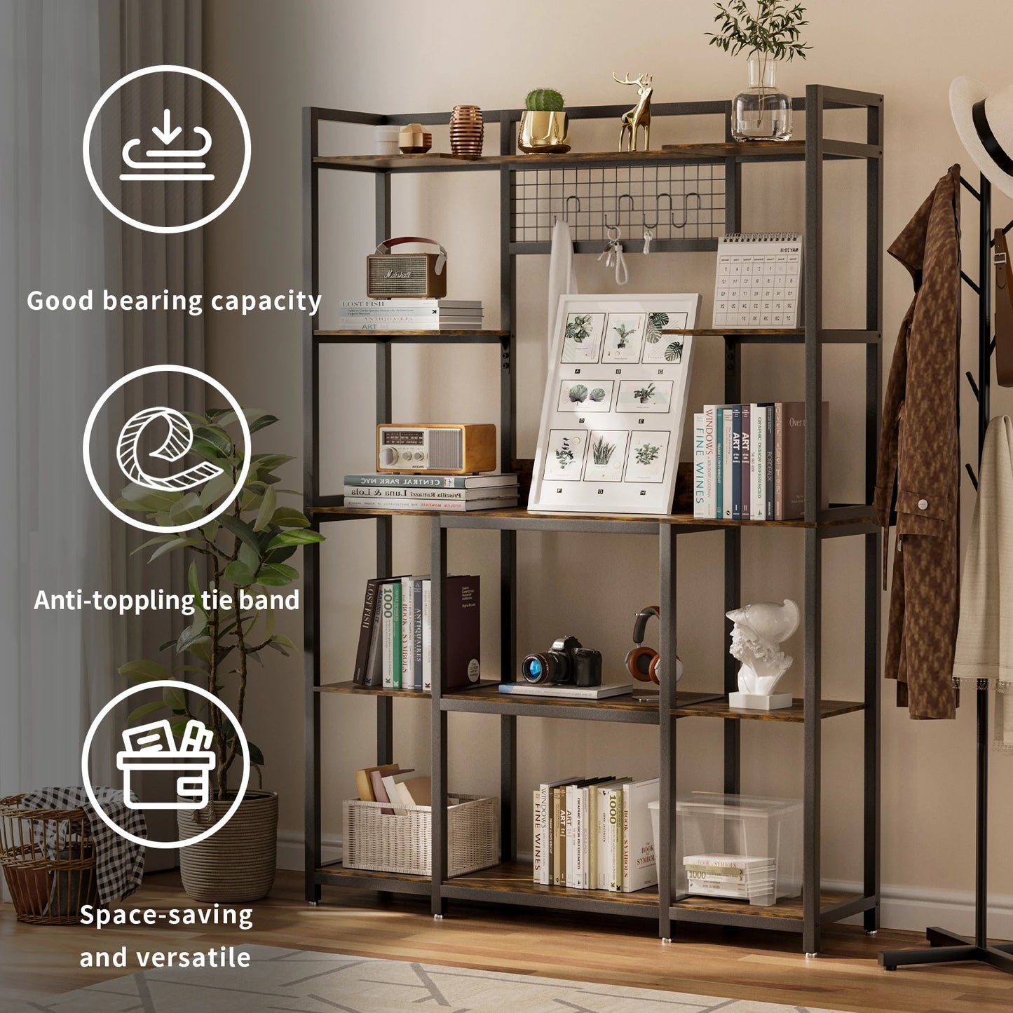5 Tier Large Baker's Rack Industrial Microwave Stand Kitchen Storage Rack with Hooks and Shelves for Spices Pots and Pans