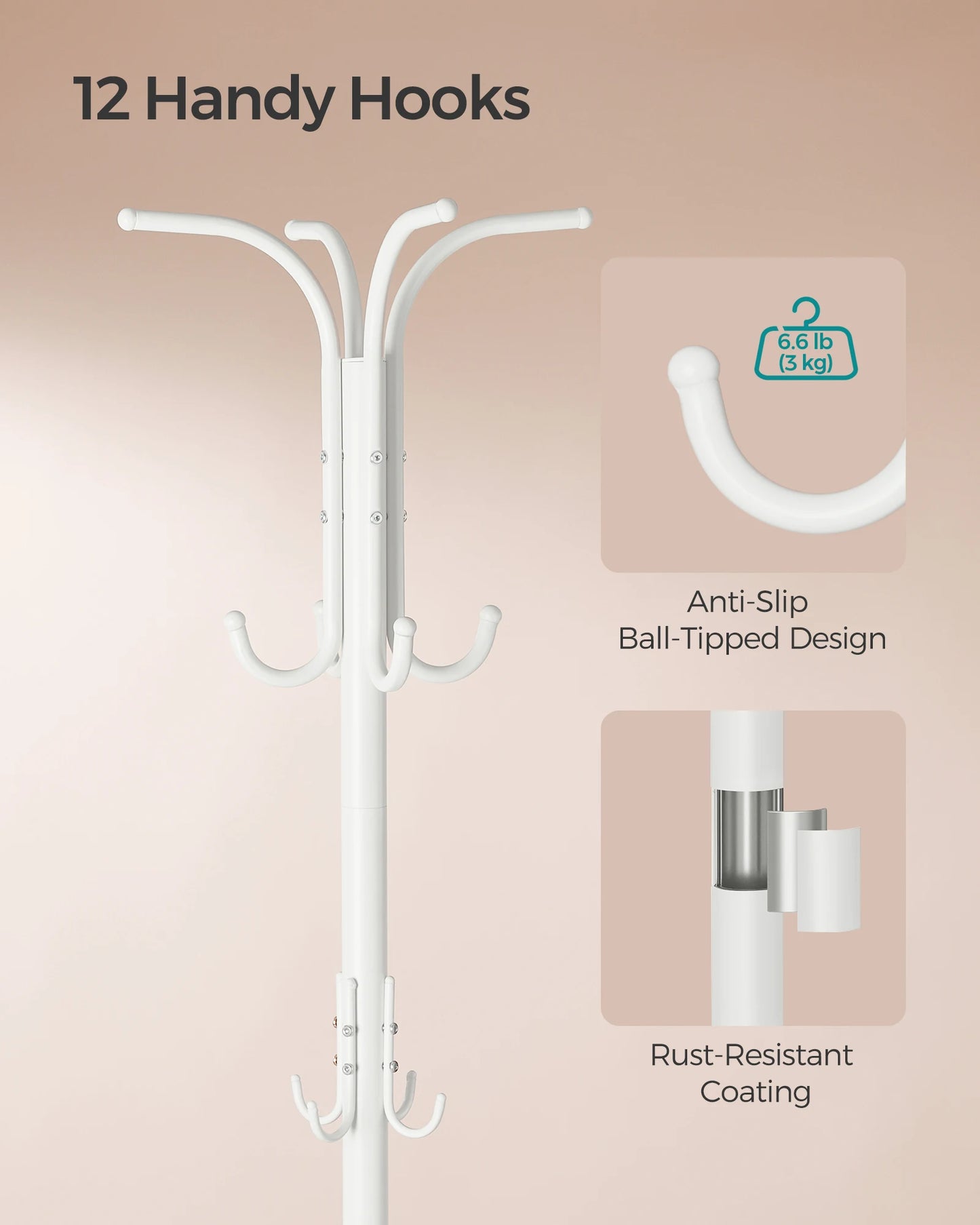 SONGMICS Coat Rack Freestanding, Coat Stand with Umbrella Holder, 12 Hooks, Metal, 175 cm Tall