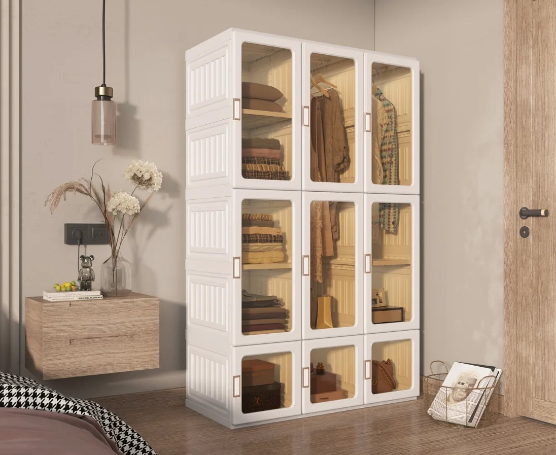 C Portable Wardrobe Closet Storage Organizer Transparent Door Panels, Plastic Wardrobe with Magnetic Door and Easy Assembly