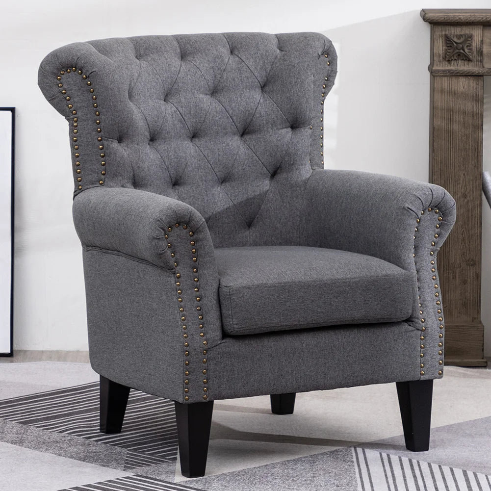 Dark Grey Linen Chesterfield Thick Cushion Armchair Living Room Furniture Lounge Chair