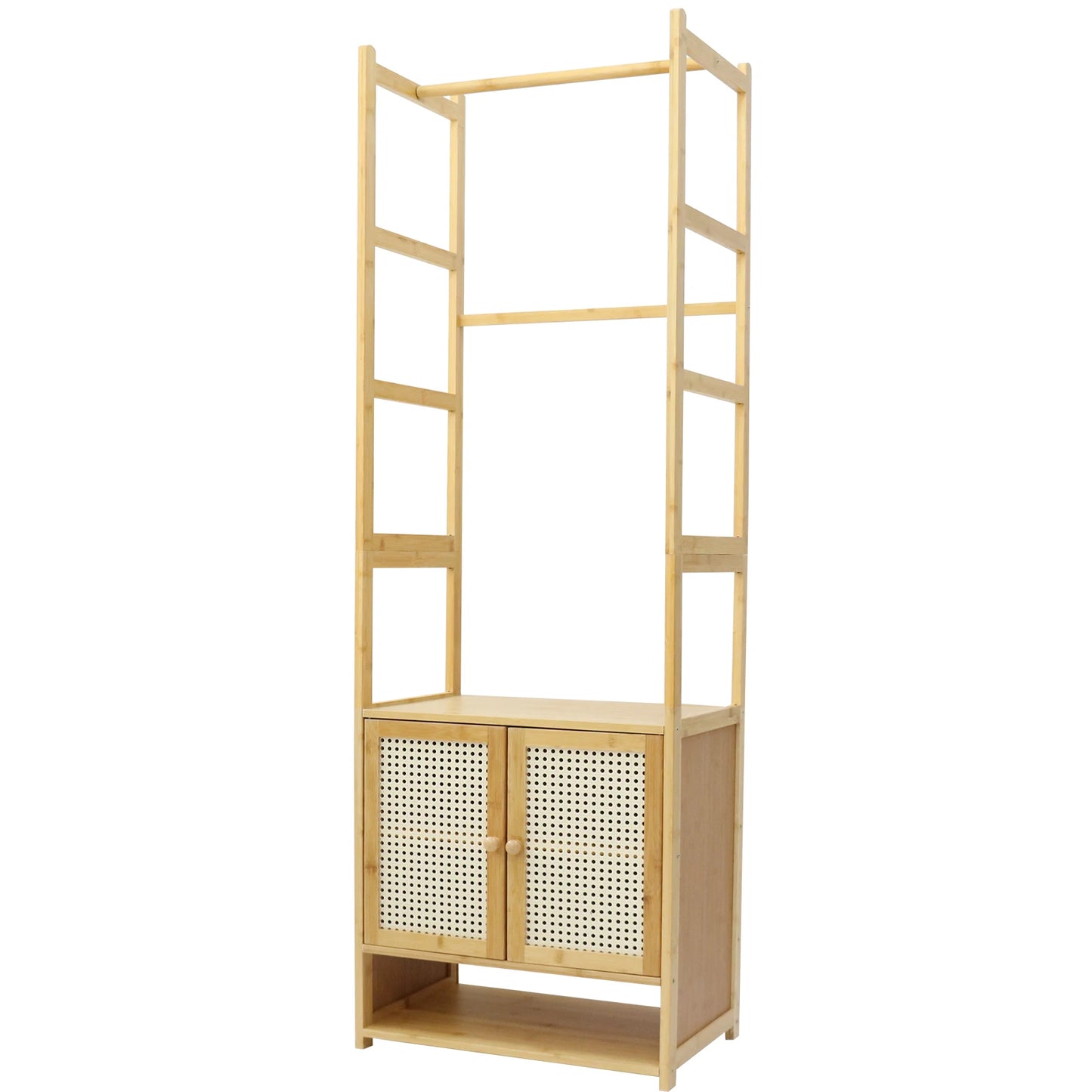 Clothes Stand with Cabinet Free-standing Bamboo Open Garment Rack with Storage Shelves Hanging Clothes Rack for Living Room