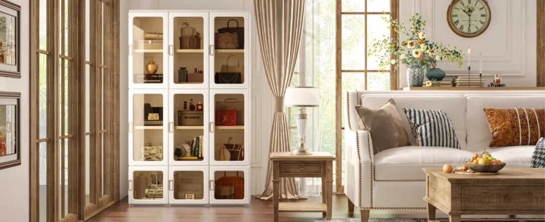 B Portable Wardrobe Closet Storage Organizer Transparent Door Panels, Plastic Wardrobe with Magnetic Door and Easy Assembly