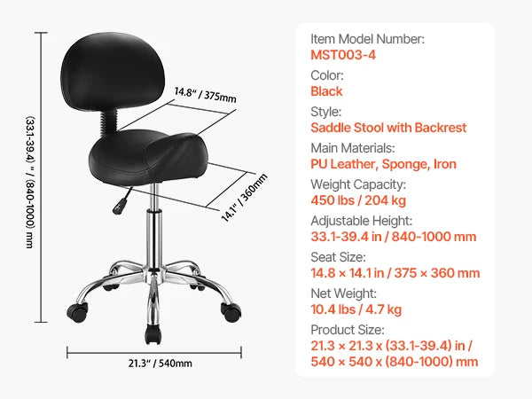 VEVOR Saddle Stool w/ Wheels 450 LBS Weight Capacity Height Adjustable Ergonomic Swivel Saddle Chair for Salon Spa Tattoo Clinic
