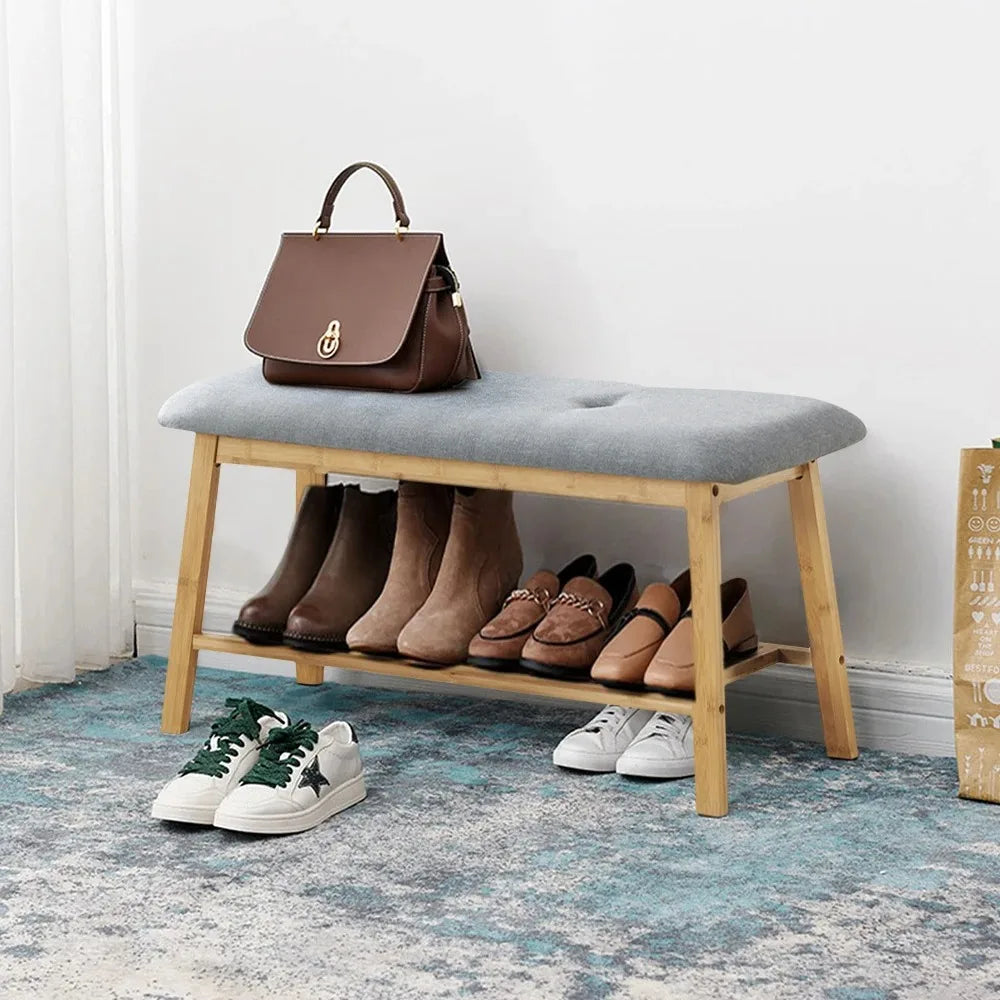Multi-functional Home Use Bamboo Shoe Changing Stool with Soft Breathable Cushion