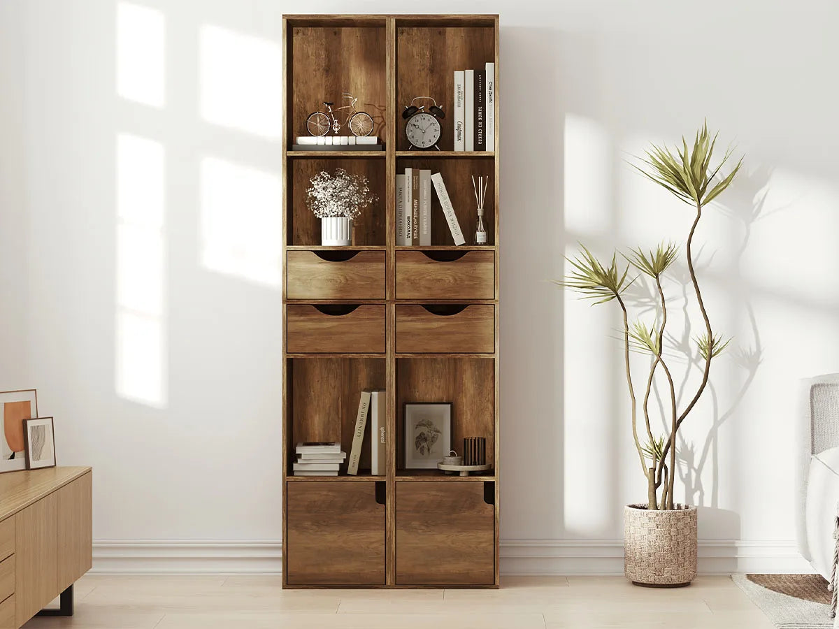 WOLTU Bookcase Standing Shelf with Drawers Door 30x158x24cm Home Office Display Storage Shelves Organizer for Living Room Decor
