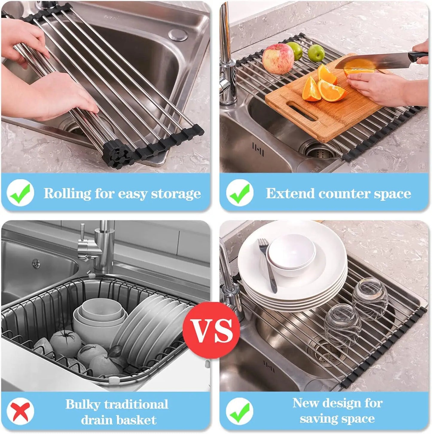 Large Drying Mat Foldable Stainless Steel Over The Sink Dish Roll Up Rack