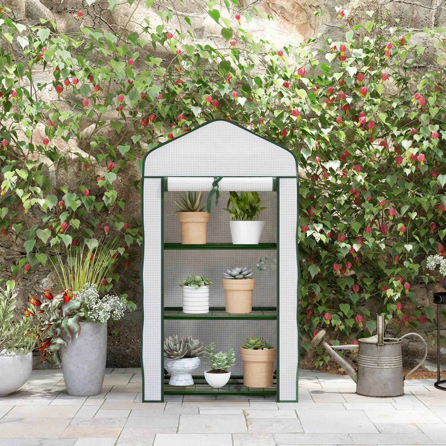 3 Tier Mini Greenhouse with Reinforced PE Cover, Outdoor Greenhouse, White
