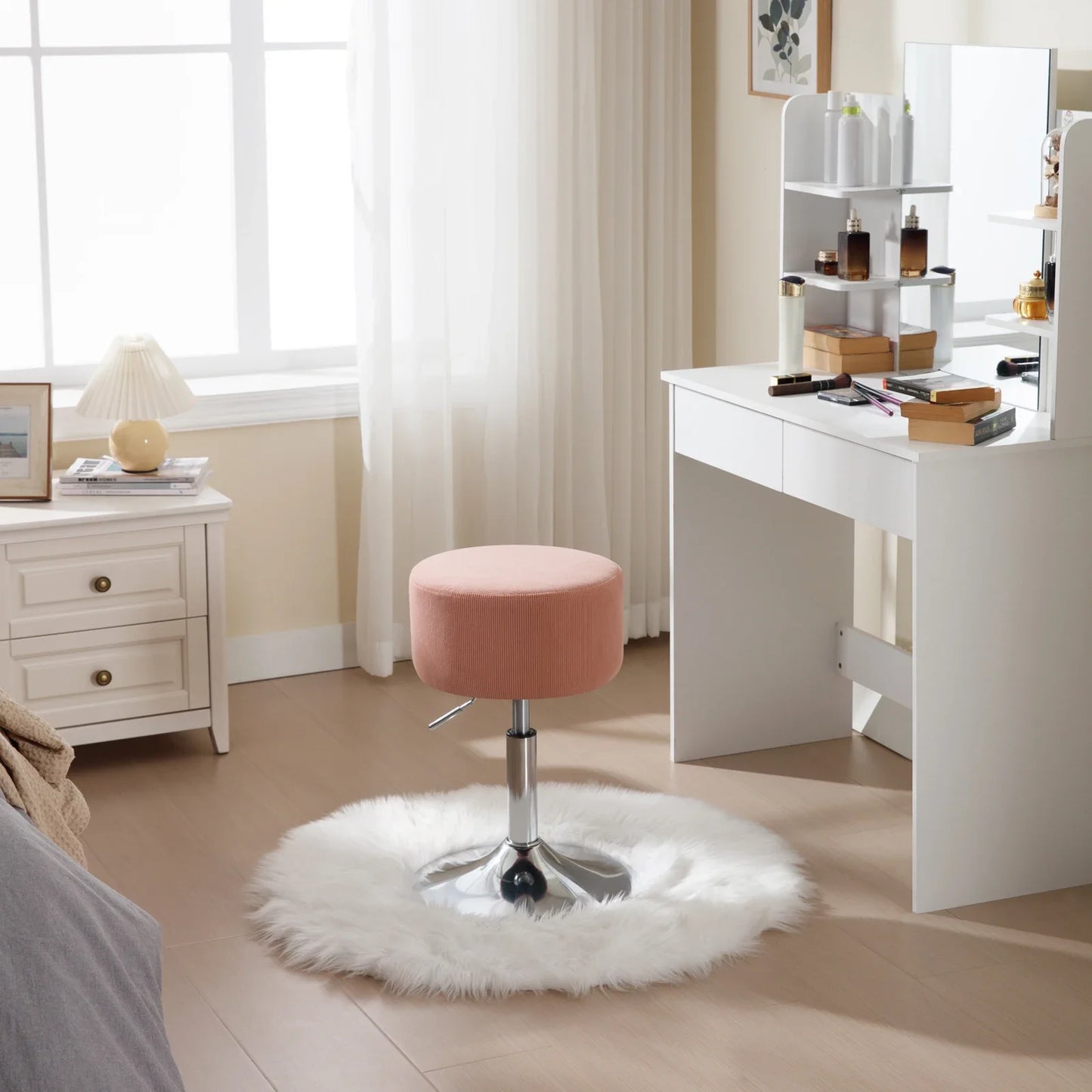 1PC White Round Swivel Bar Stools Height-Adjustable Makeup Stools Corduroy Padded Stools for Office Kitchen Home