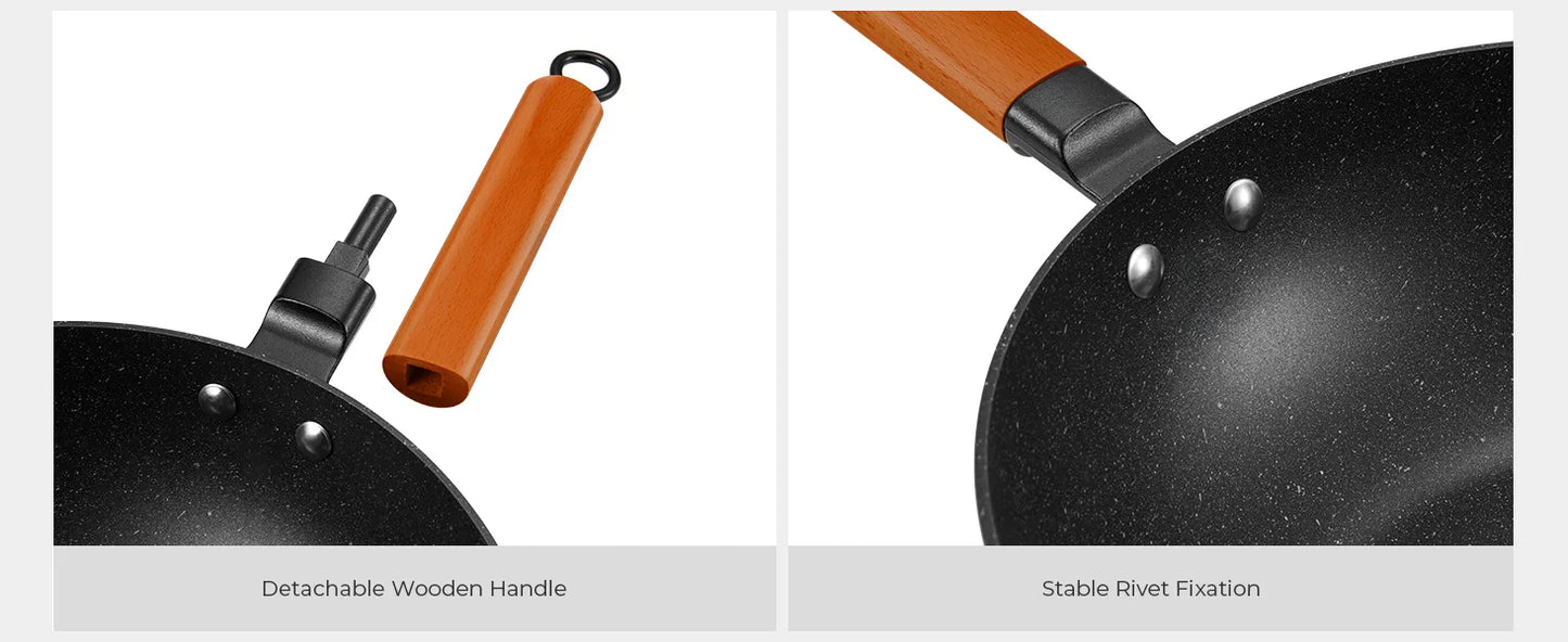 Induction Wok Pan Nonstick, Stir-Fry Wok 30cm with Wooden Handle, Flat Bottom, Suitable for All Hobs, Granite