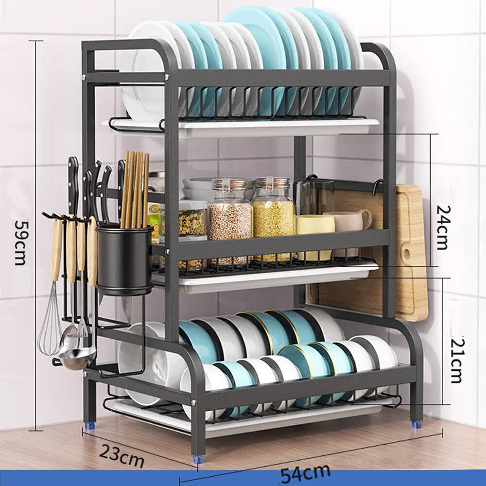 3 Tier Kitchen Sink Dish Drainer With Drip Tray Cutlery Holder Plate Rack