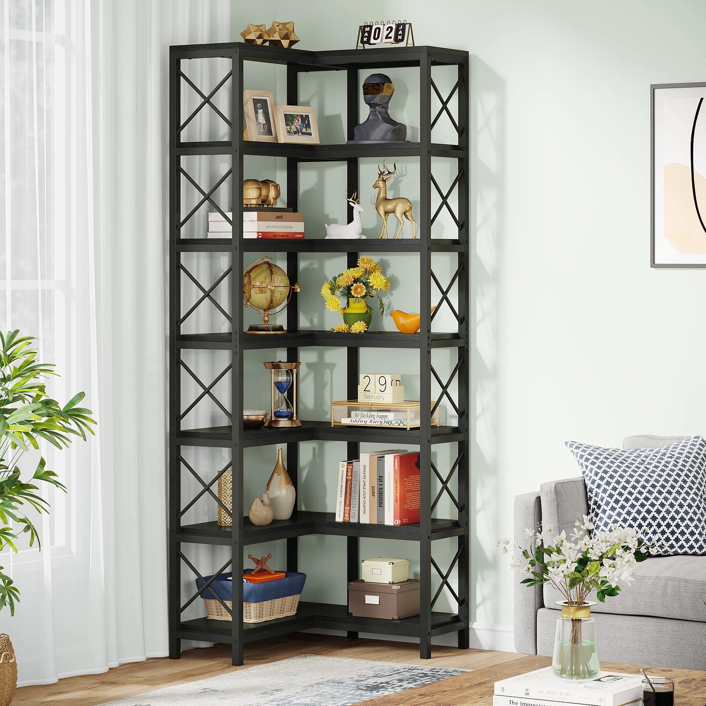 Tribesigns 7-Shelf Corner Bookshelf,Large Modern Corner Bookcase, 7-Tier Tall Corner Shelf Storage Display Rack with Metal Frame