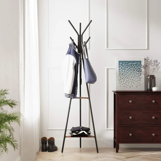 VASAGLE Rack Stand, Coat Tree, Hall Tree Free Standing, Industrial Style, with 2 Shelves, for Clothes, Hat, Bag