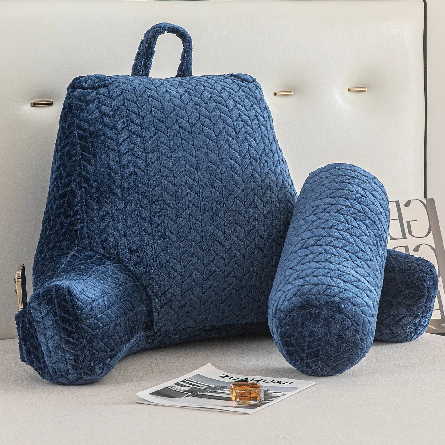 XXL Adult Reading Pillow Back Pillow for Sitting in Bed Backrest Lounge Cushion with Arms Pockets Back Support Bed Rest Pillow