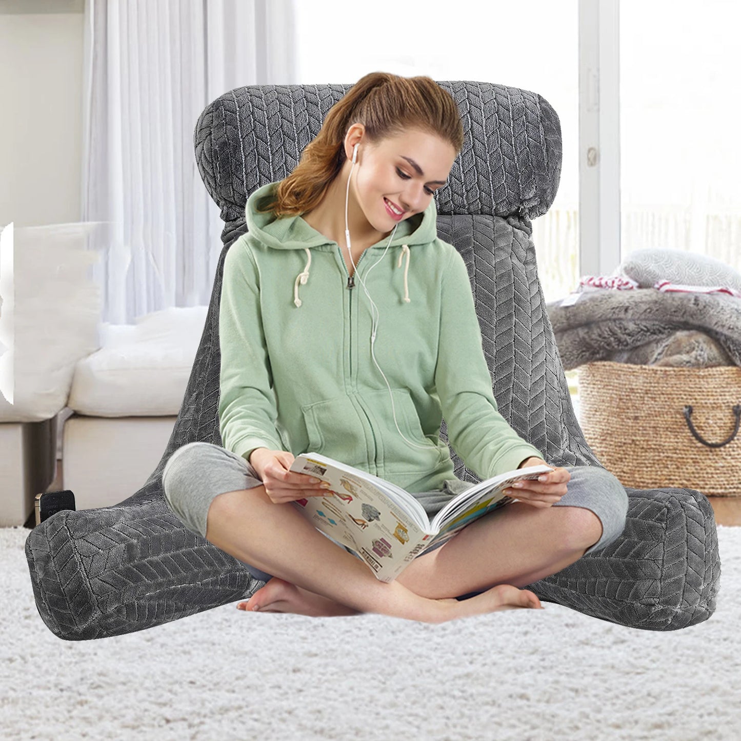 XXL Adult Reading Pillow Back Pillow for Sitting in Bed Backrest Lounge Cushion with Arms Pockets Back Support Bed Rest Pillow