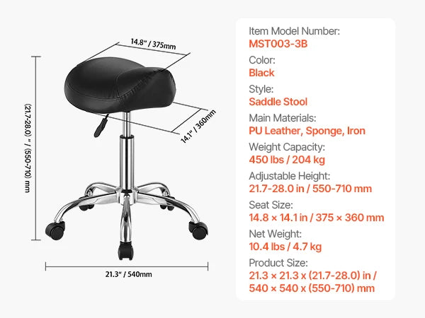 VEVOR Saddle Stool w/ Wheels 450 LBS Weight Capacity Height Adjustable Ergonomic Swivel Saddle Chair for Salon Spa Tattoo Clinic