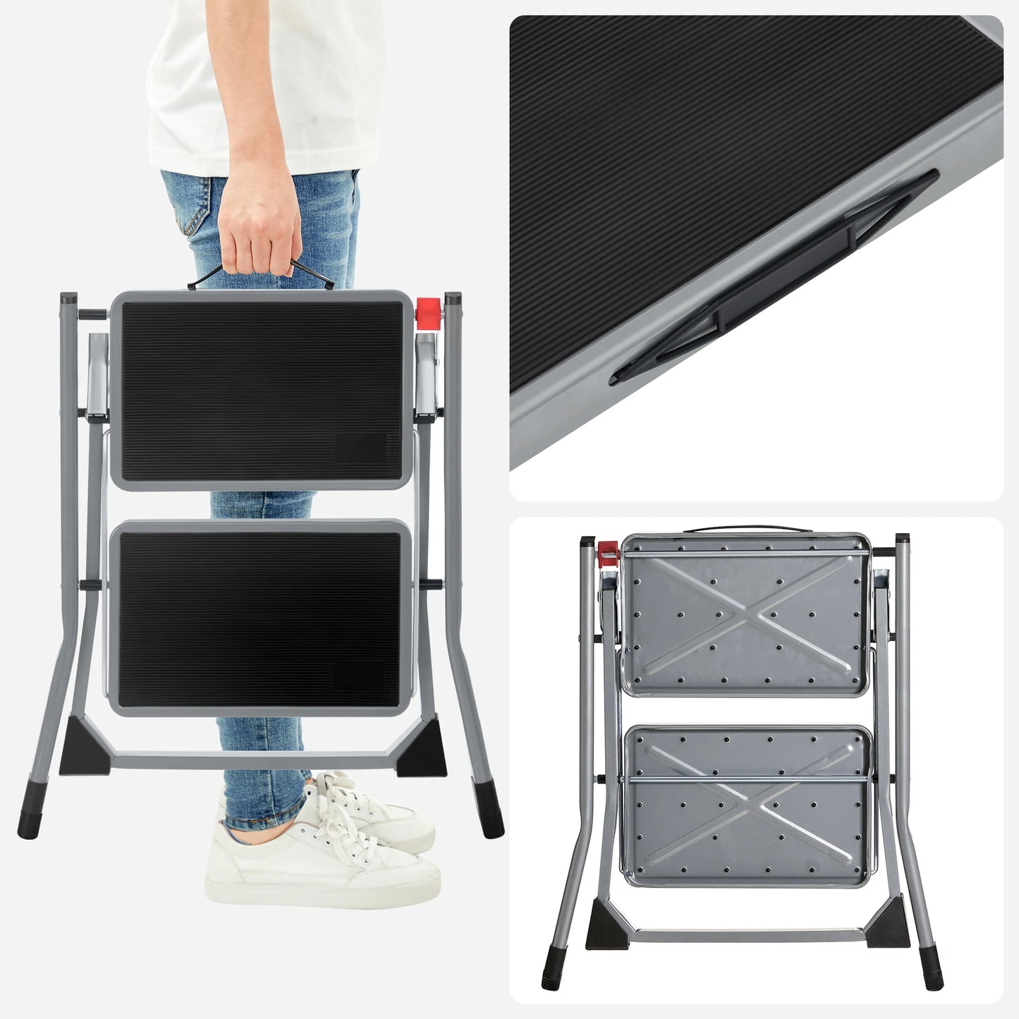 SONGMICS 2 Step Ladder, Heavy Duty Steel, Folding, Portable with Anti-Slip Mat Max. Load Capacity up to 150 kg