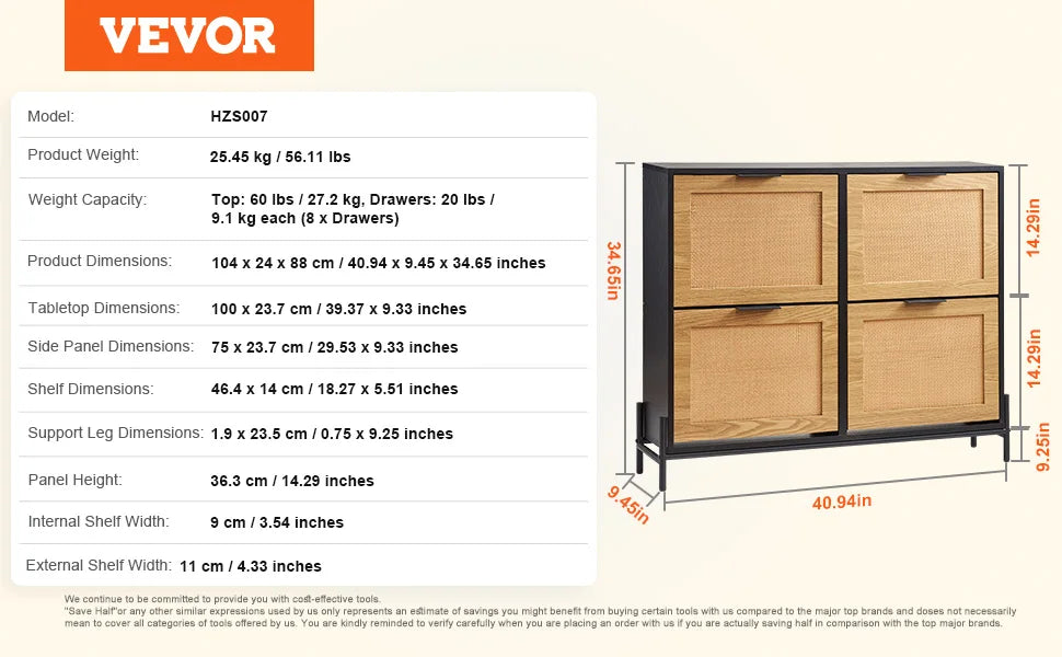 VEVOR Shoe Storage Organizer with 2 Flip Rattan Drawers&1 Slide Drawer Metal Legs Slim Shoe Cabinet for Entryway Closet Hallway