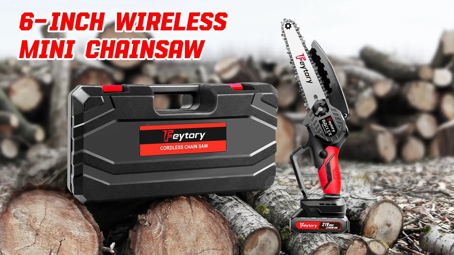 Feytory 6" Chainsaw with 2 Batteries, Cordless Electric Chainsaw with 21V, 2 Chains for Wood Cutting Tree Trimming Gardening, Re