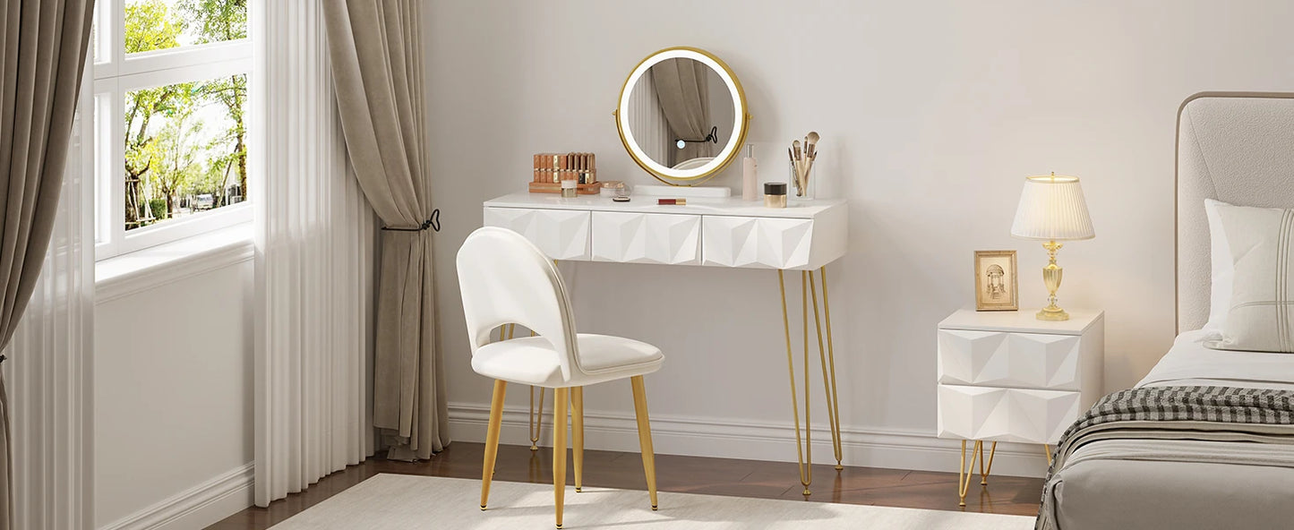 1SET Dresser Vanity Makeup Table Girls Women Dressing Table with 3-level Adjustable LED Mirror Velvet Chair for Bedroom Gift
