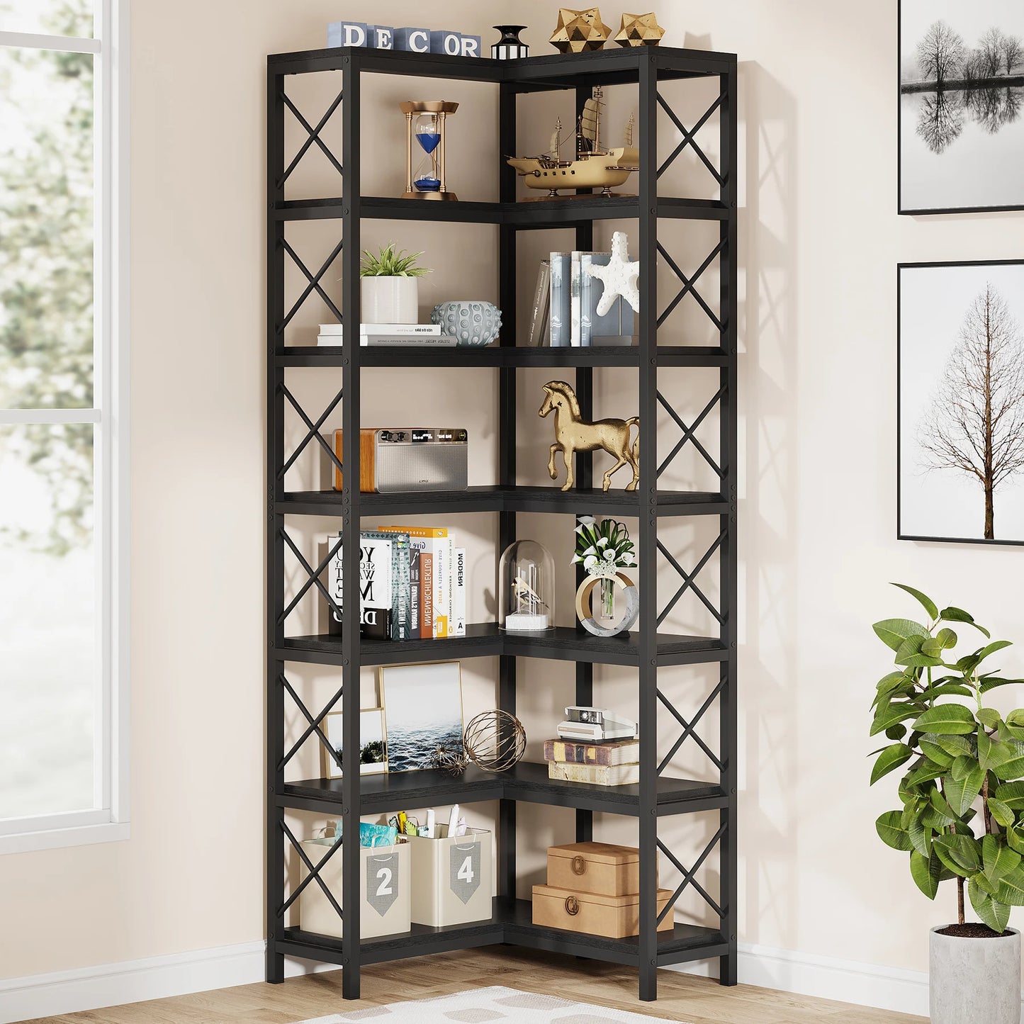 Tribesigns 7-Shelf Corner Bookshelf,Large Modern Corner Bookcase, 7-Tier Tall Corner Shelf Storage Display Rack with Metal Frame