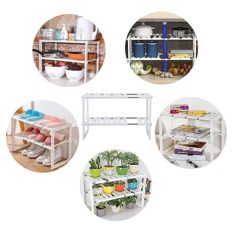 Under Sink Storage Caddy Multi Purpose Rack Adjustable Tidy 2 Tier Shelf Kitchen