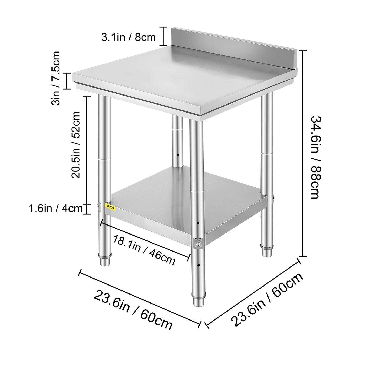 VEVOR Kitchen Work Bench Commercial Catering Table Worktable with Undershelf Stainless Steel 330LBS 286LBS for Restaurant Garage