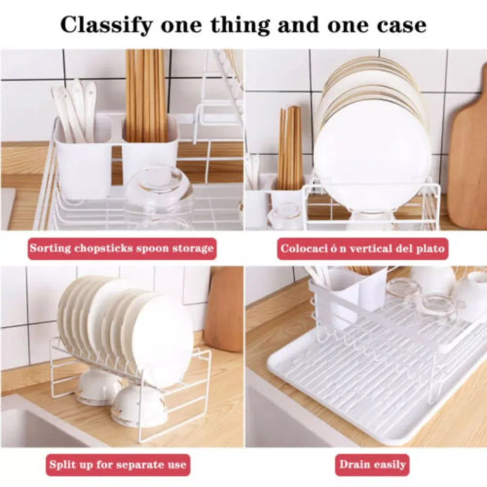 2 Tier Dish Drying Rack Kitchen Adjustable Stainless with Drain Basket Countertop Dinnerware Organizer Drainboard Storage Holde