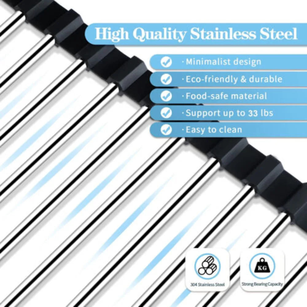 Large Drying Mat Foldable Stainless Steel Over The Sink Dish Roll Up Rack