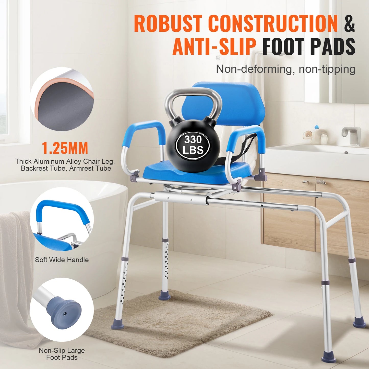 VEVOR Sliding Tub Transfer Bench with 360 Degree Swivel Seat Safety Belt Height Adjustable Bath Chair for Elderly Disabled 330LB