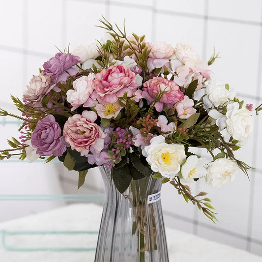 Vintage Silk Artificial Peony DIY Party Decoration Small Rose Wedding Fake Flowers Home Decor Bouquet.