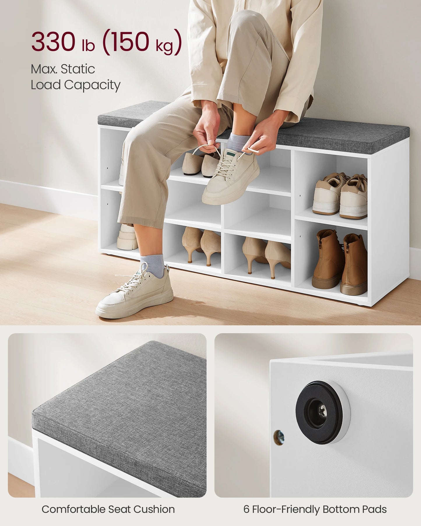 VASAGLE Shoe Bench, Shoe Shelf, Shoe Rack, Storage Cabinet, 10 Compartments, with Cushion, for Entryway, 104 x 30 x 48 cm