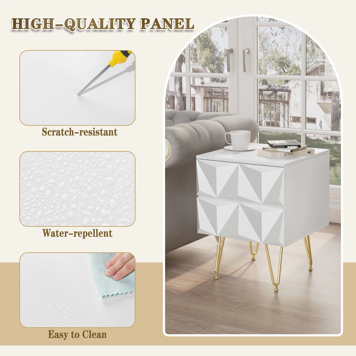 Bedside Table 40x53x40cm Decorative Adult Nightstand Modern Storage Unit with 2 Drawers 3D Effect for Bed Bedroom Living Room